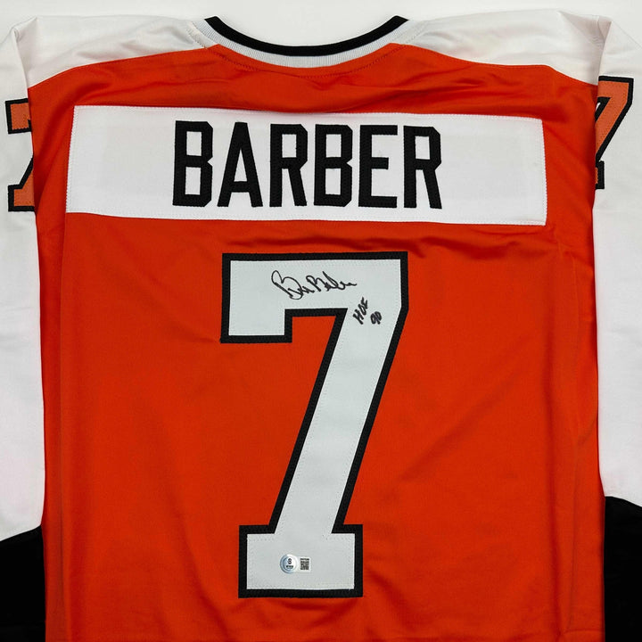 Autographed/Signed Bill Barber HOF 90 Philadelphia Orange Jersey Beckett BAS COA