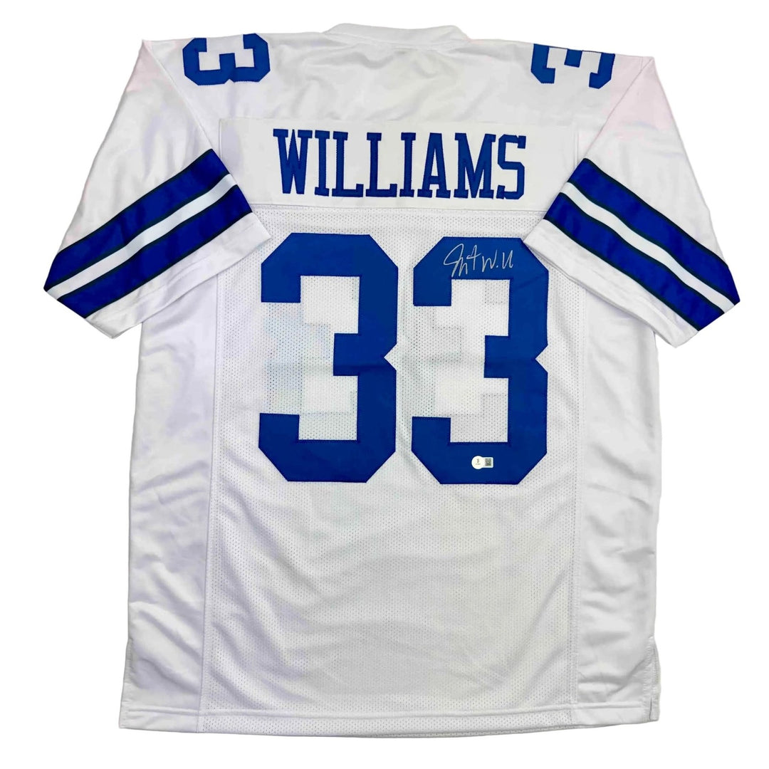 Autographed/Signed Javonte Williams Dallas White Jersey Beckett BAS COA