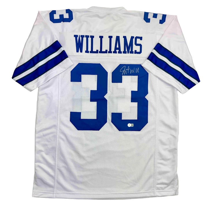 Autographed/Signed Javonte Williams Dallas White Jersey Beckett BAS COA