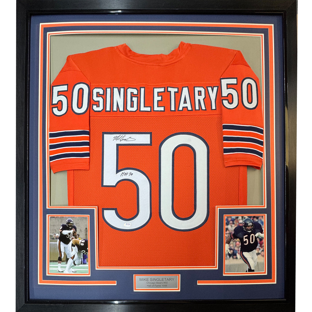 Framed Autographed/Signed Mike Singletary HOF 98 33x42 Orange Jersey JSA COA