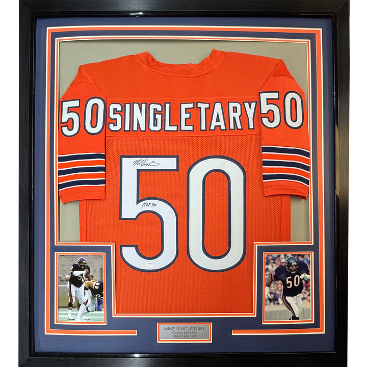 Framed Autographed/Signed Mike Singletary HOF 98 33x42 Orange Jersey JSA COA