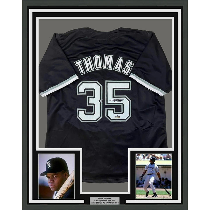 Framed Facsimile Autographed Frank Thomas 33x42 Black Reprint Laser Auto Jersey