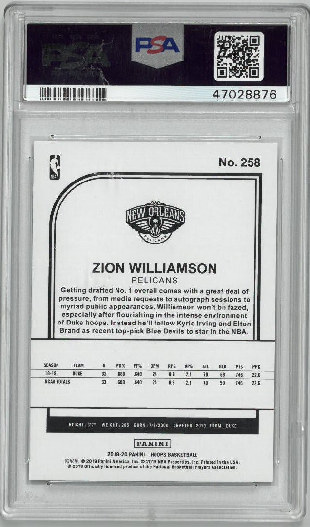 Zion Williamson 2019-20 Panini NBA Hoops Rookie Card #258-PSA Graded 10 Gem Mint