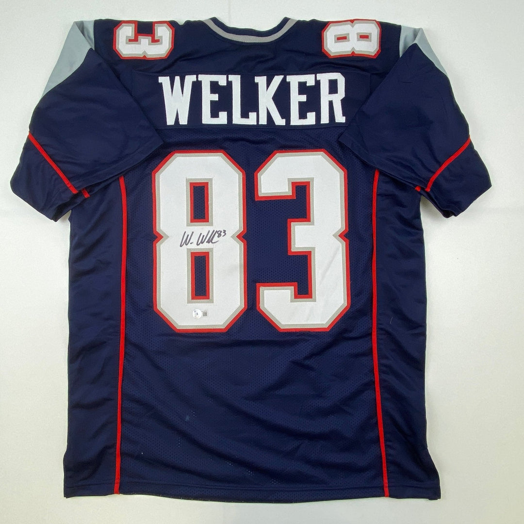 Autographed/Signed Wes Welker New England Blue Jersey Beckett BAS COA