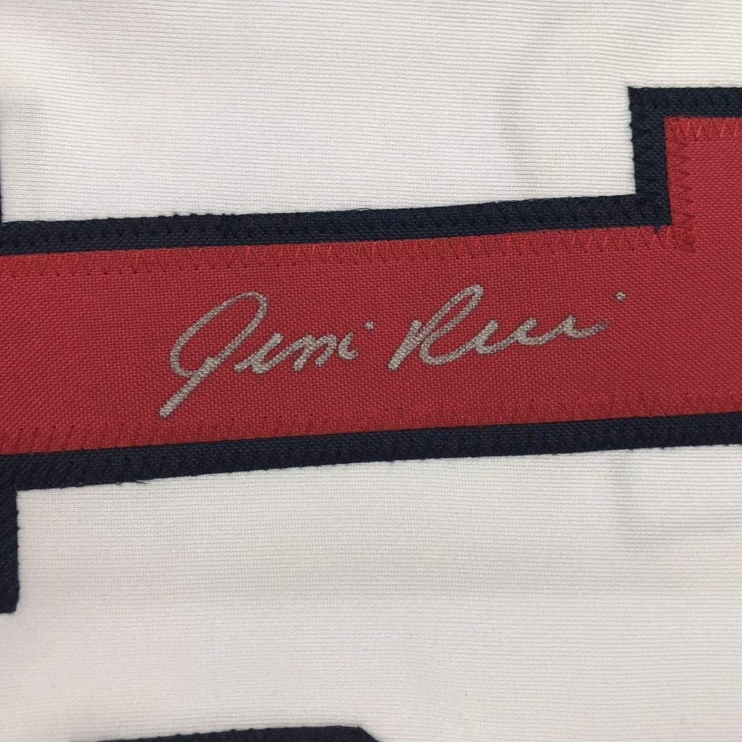 FRAMED Autographed/Signed JIM RICE 33x42 Boston White Jersey JSA COA