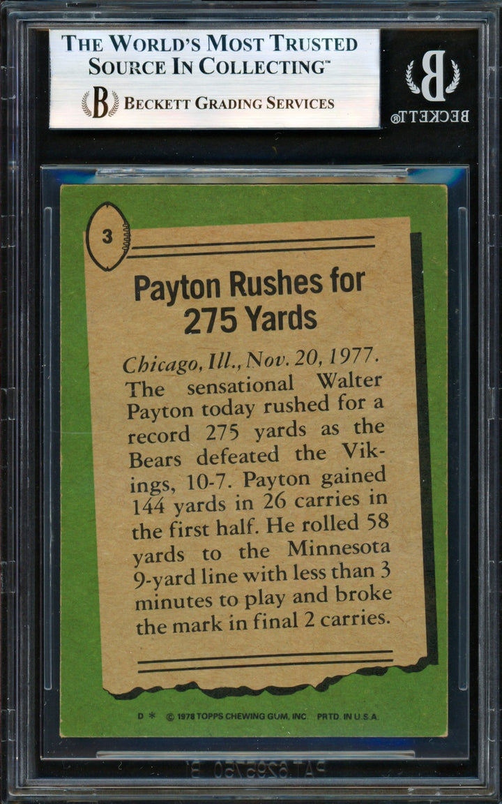Walter Payton Signed 1978 Topps Card #3 Chicago Bears Beckett #19830104
