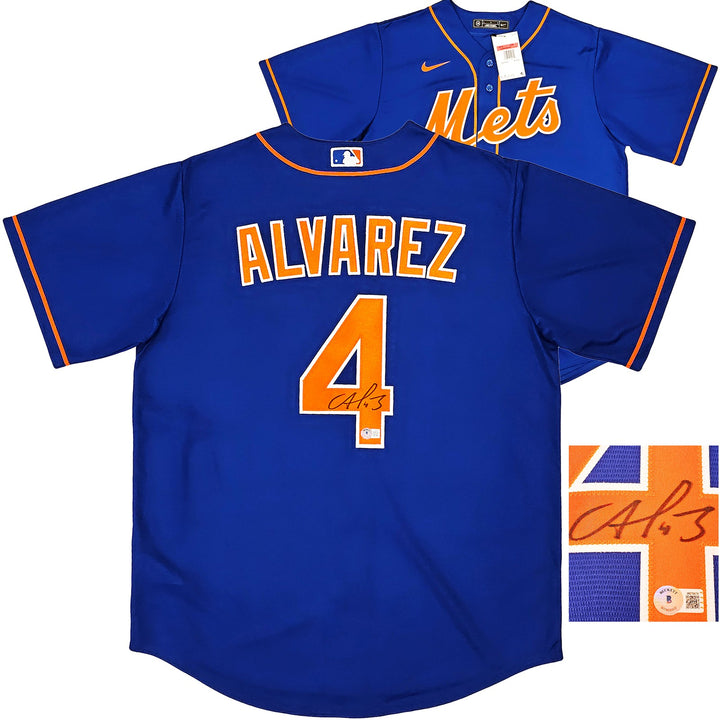New York Mets Francisco Alvarez Signed Blue Nike Jersey Size L Beckett Wit