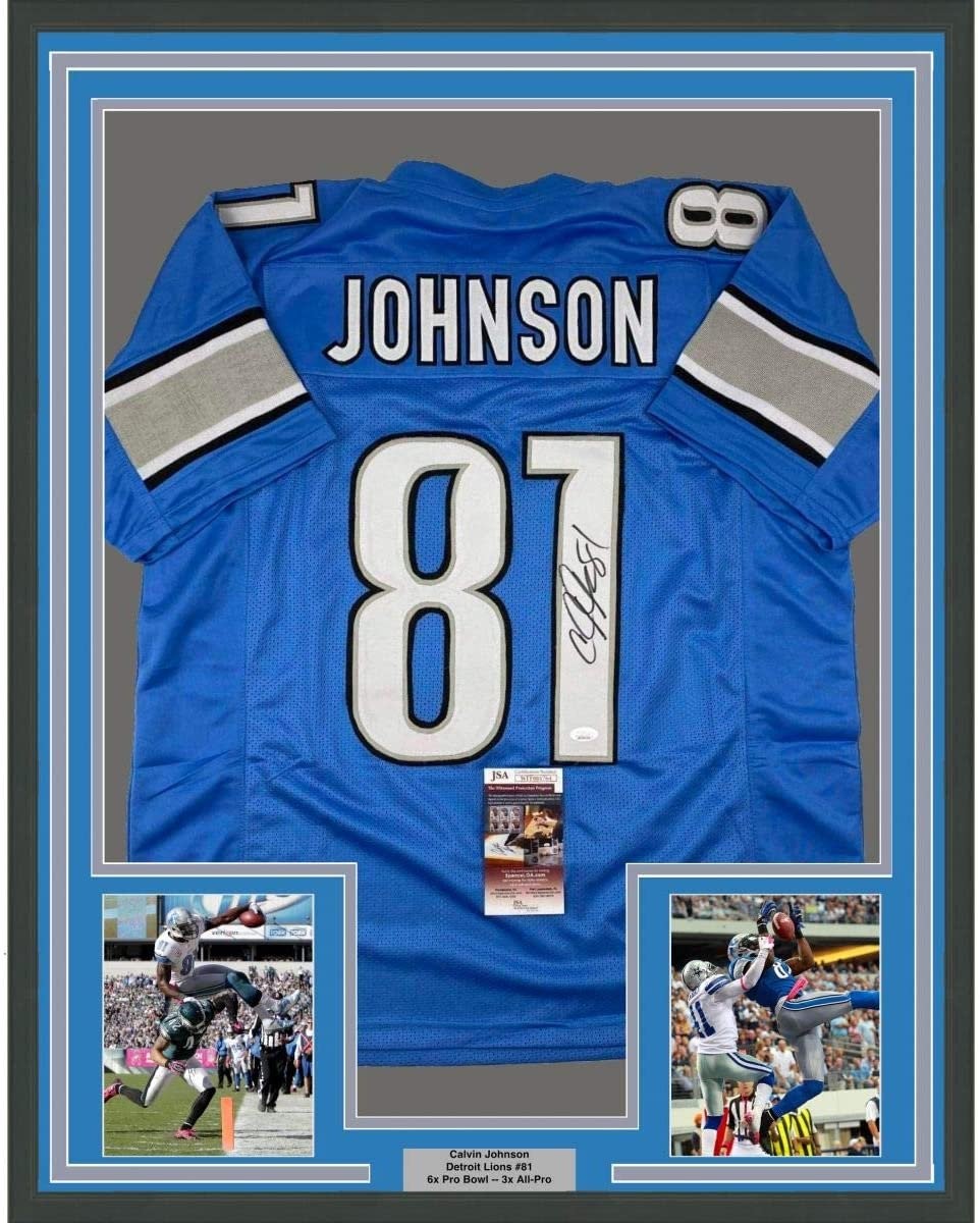 Framed Autographed/Signed Calvin Johnson 35x39 Detroit Blue Jersey JSA COA