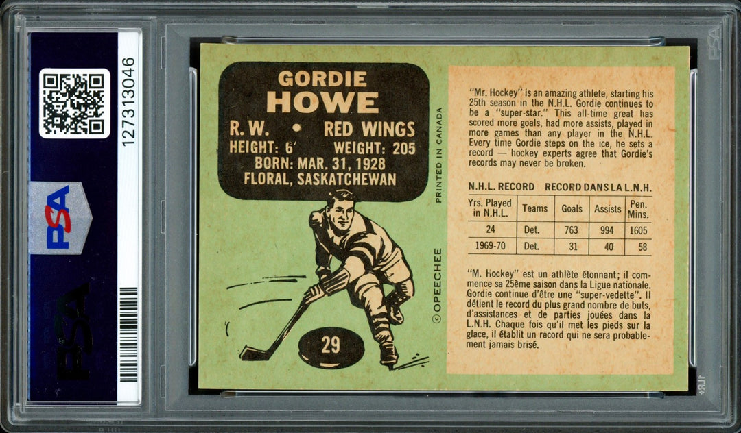 Gordie Howe Signed 1970 O-Pee-Chee Card 29 Red Wings PSA 8 Auto GM 10 PSA/DNA