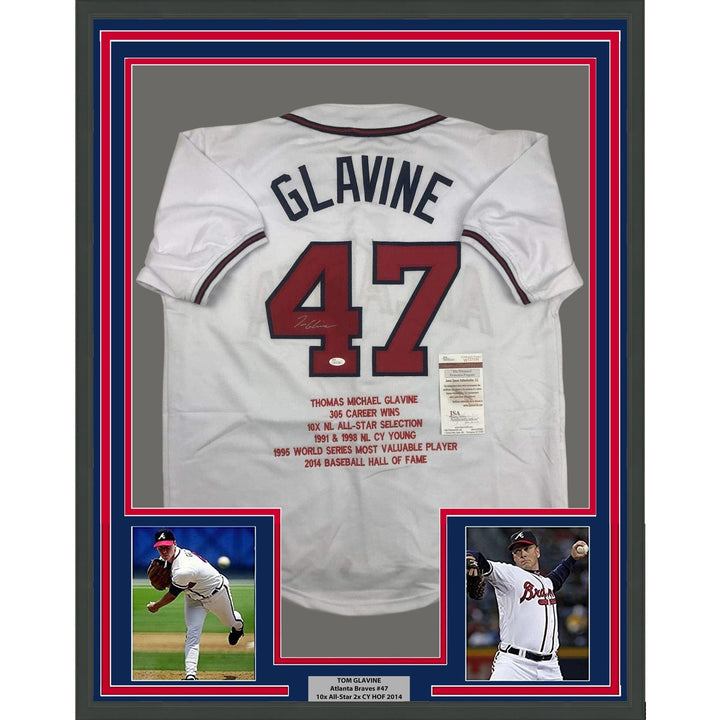 Framed Signed Tom Glavine 35x39 Atlanta White Stat Jersey JSA COA