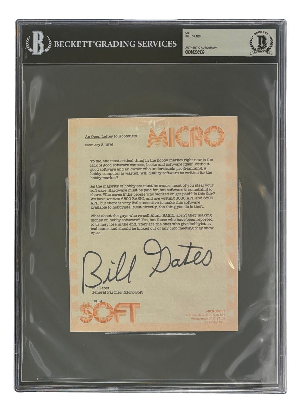 Bill Gates Signed Slabbed Replica 1976 Microsoft Letter BAS