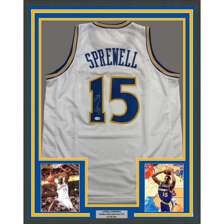 Framed Autographed/Signed Latrell Sprewell 35x39 GSW White Jersey JSA COA