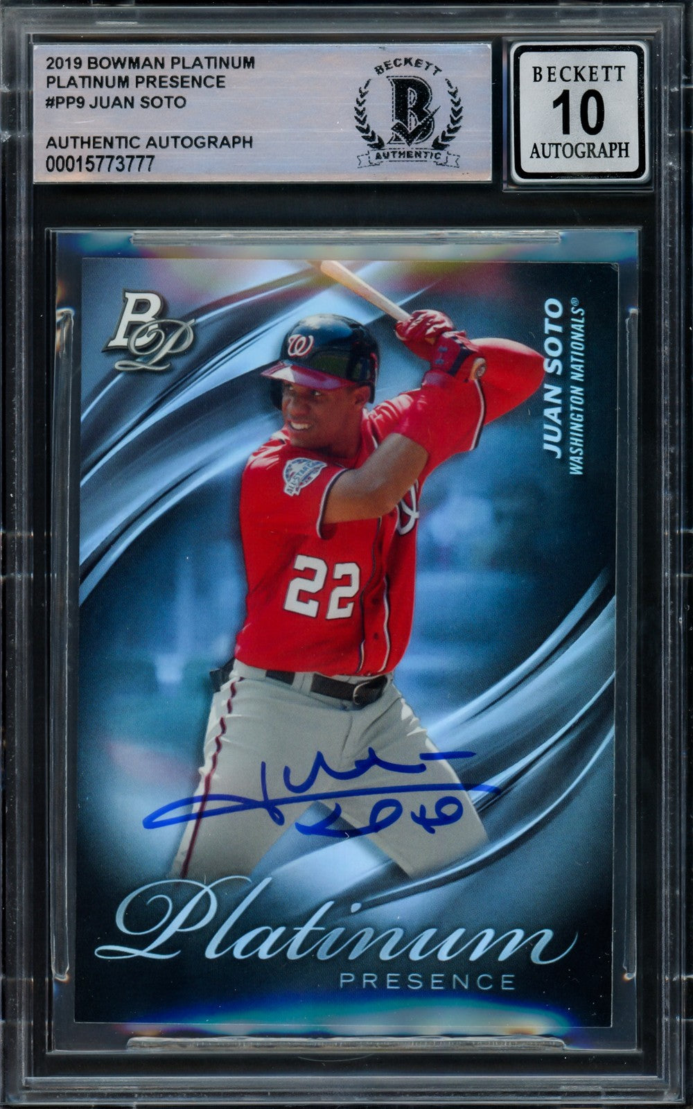 Juan Soto Signed 2019 Bowman Platinum Presence Card PP9 Mets Auto 10 Beckett