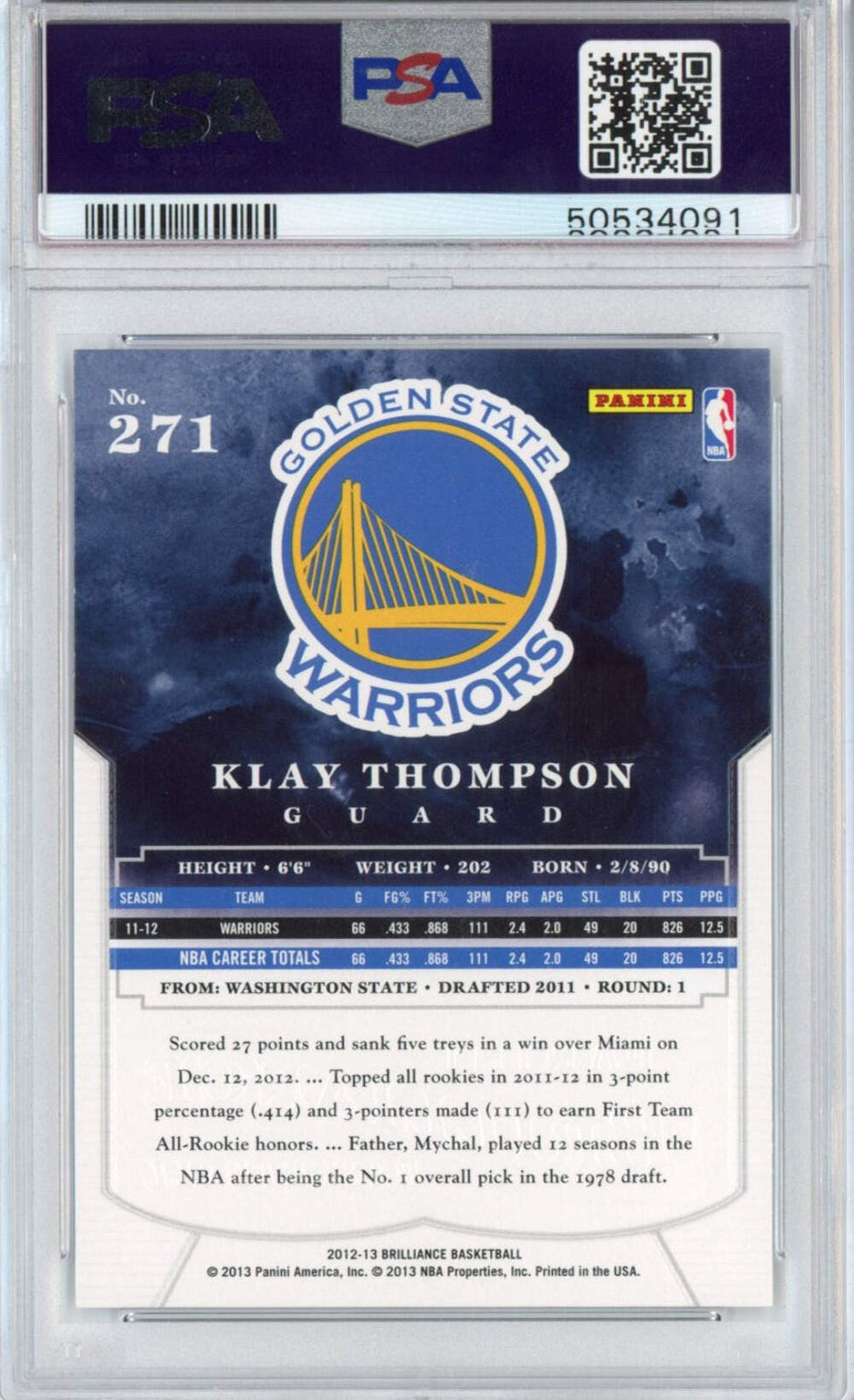 Graded 2012-13 Panini Brilliance Klay Thompson #271 Rookie RC Card PSA 10 Mint