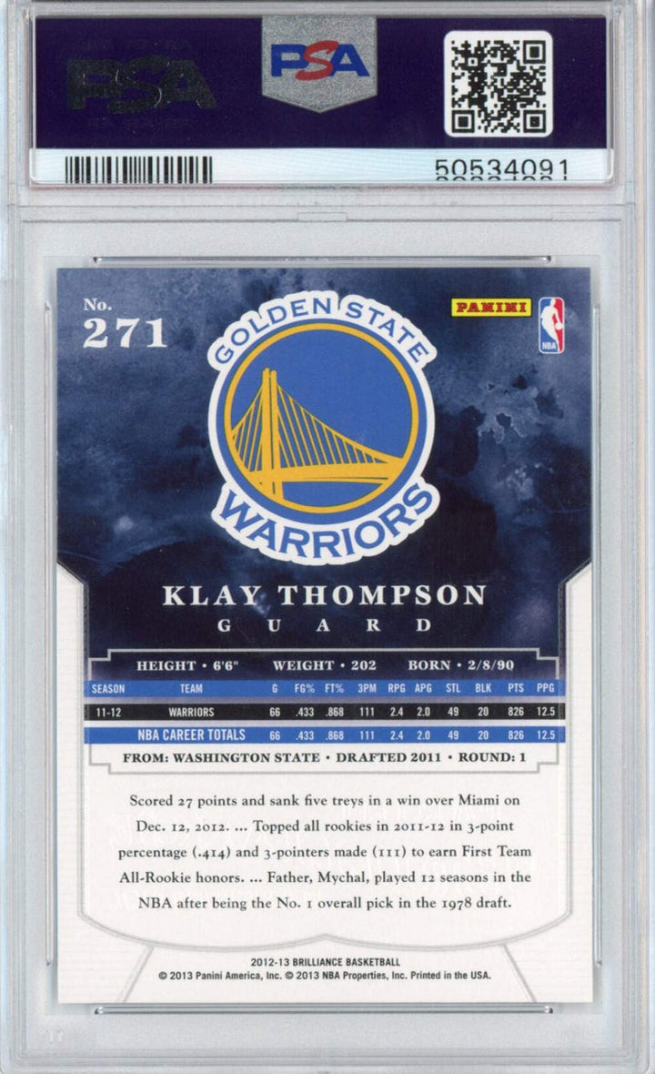 Graded 2012-13 Panini Brilliance Klay Thompson #271 Rookie RC Card PSA 10 Mint