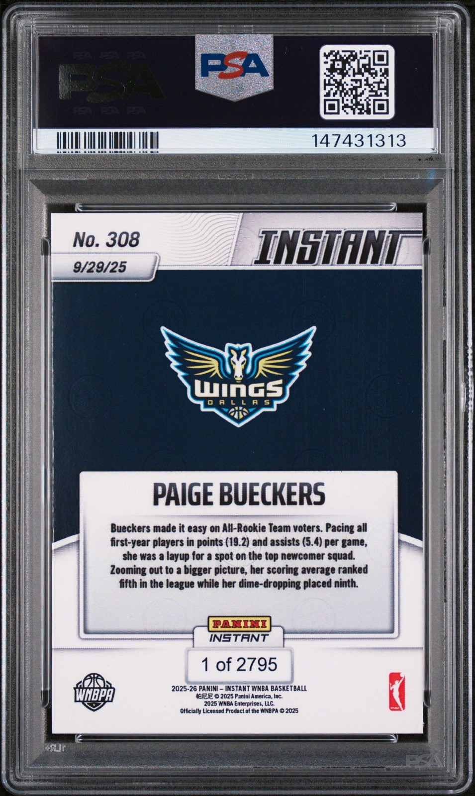 Graded 2025 Panini Instant Paige Bueckers #308 Rookie RC Basketball Card PSA 10