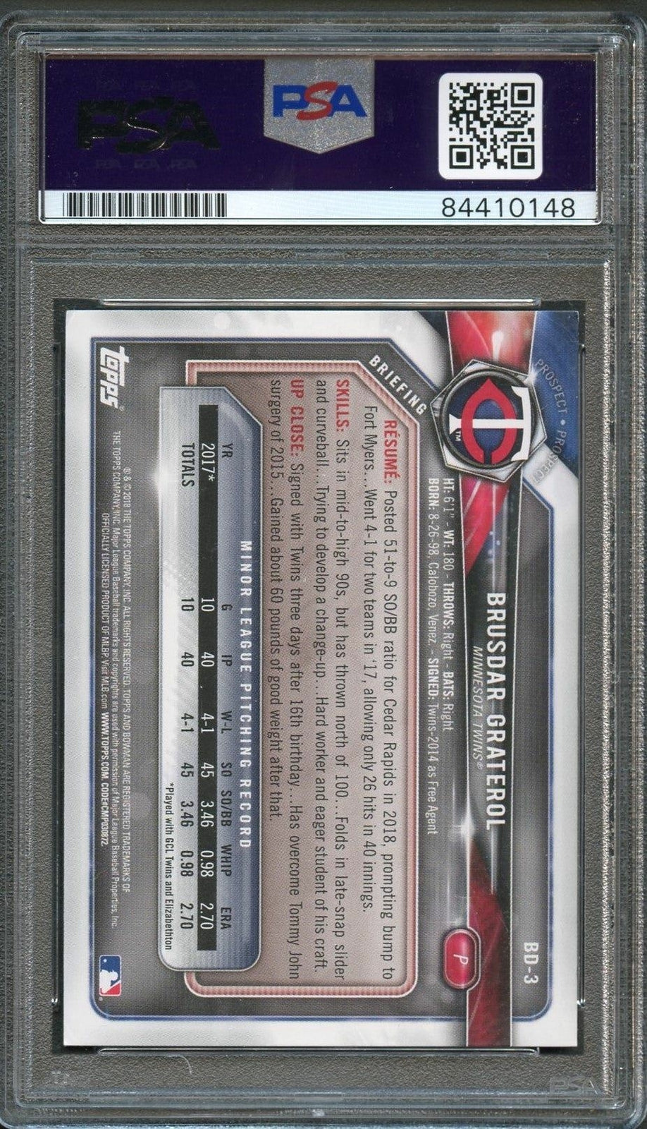 2018 Bowman Draft #BD-3 Brusdar Graterol Signed Card PSA Auto Slabbed Auto Twins