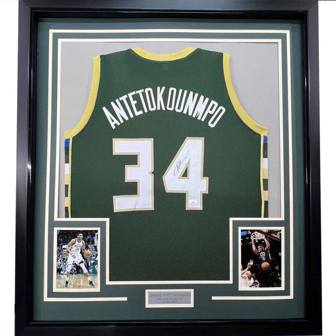 Framed Autographed/Signed Giannis Antetokounmpo 33x42 Green Jersey JSA COA
