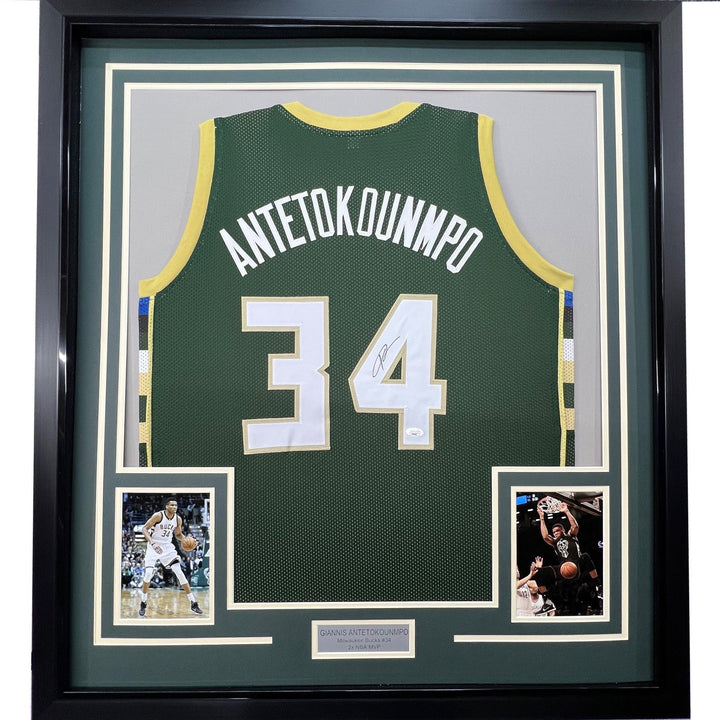 Framed Autographed/Signed Giannis Antetokounmpo 33x42 Green Jersey JSA COA