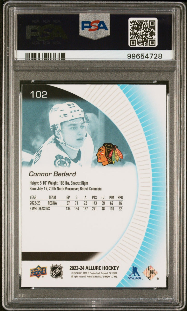 Graded 2023 Upper Deck Allure Connor Bedard #102 Rookie RC Card PSA 10