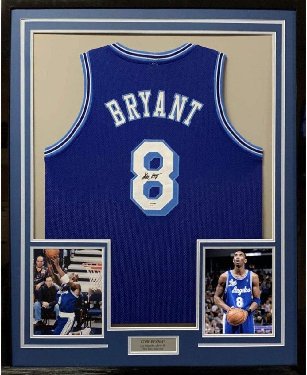 FRAMED Autographed/Signed KOBE BRYANT 33x42 Los Angeles Blue Jersey PSA/DNA COA