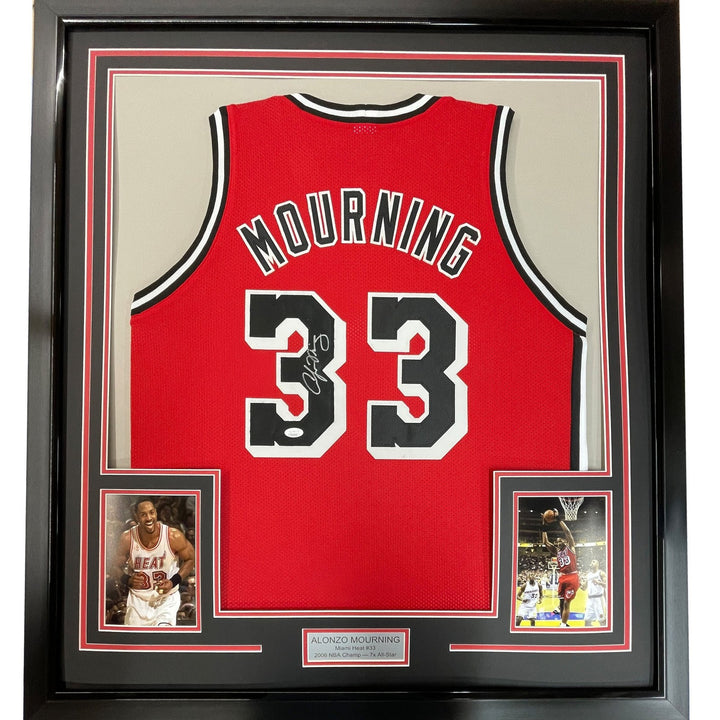 Framed Autographed/Signed Alonzo Mourning 33x42 Miami Red Jersey JSA COA