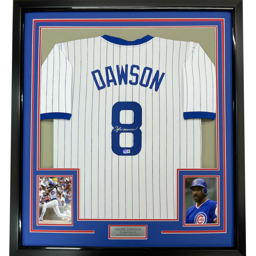 Framed Autographed/Signed Andre Dawson 33x42 Chicago Pinstripe Jersey JSA COA