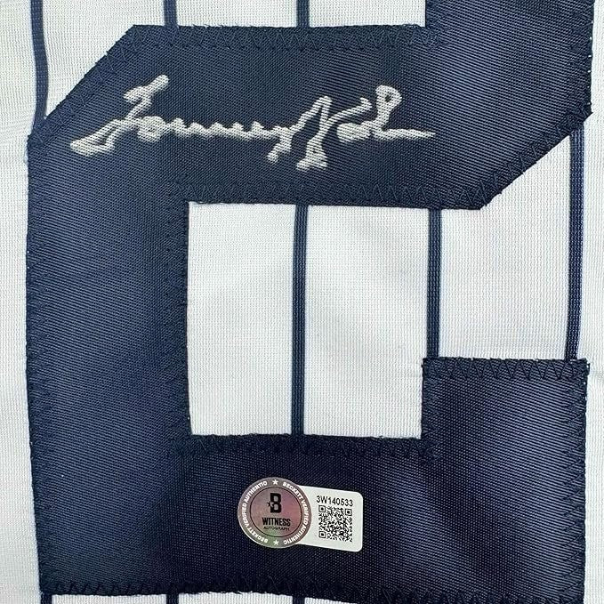 Framed Signed Tommy John 35x39 New York Pinstripe Jersey Beckett COA