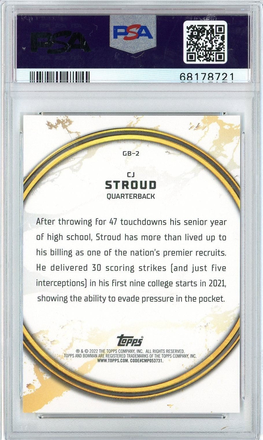 Graded 2021 Bowman University C.J Stroud #GB2 Golden Boy RC Card PSA 10