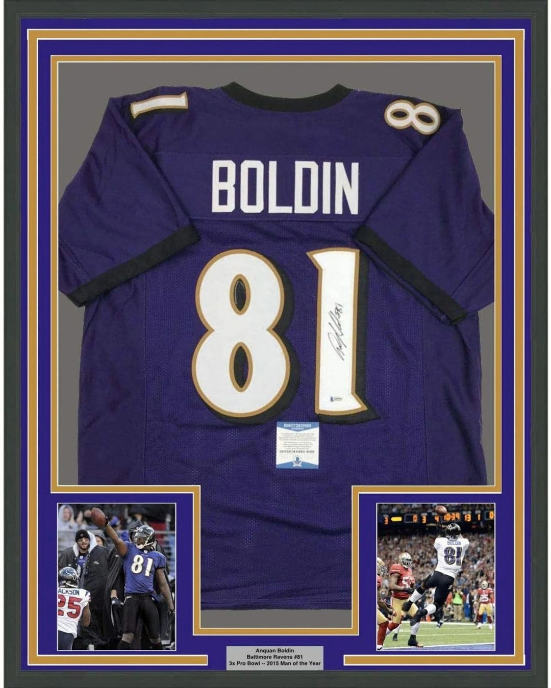 FRAMED Autographed/Signed ANQUAN BOLDIN 33x42 Baltimore Purple Jersey COA