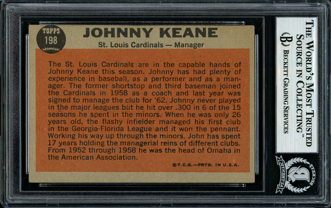 Johnny Keane Auto 1962 Topps Card 198 St. Louis Cardinals Died 1967 Beckett