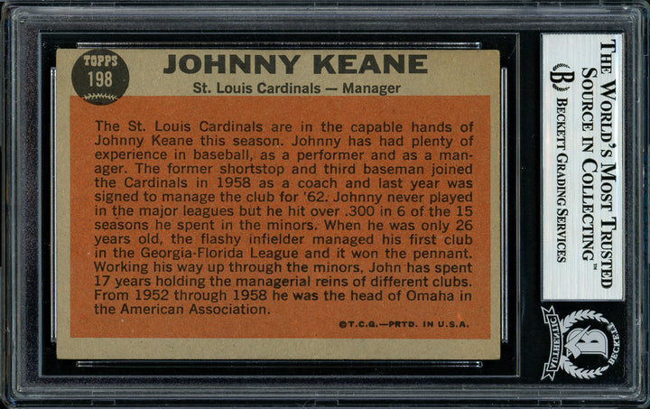 Johnny Keane Auto 1962 Topps Card 198 St. Louis Cardinals Died 1967 Beckett