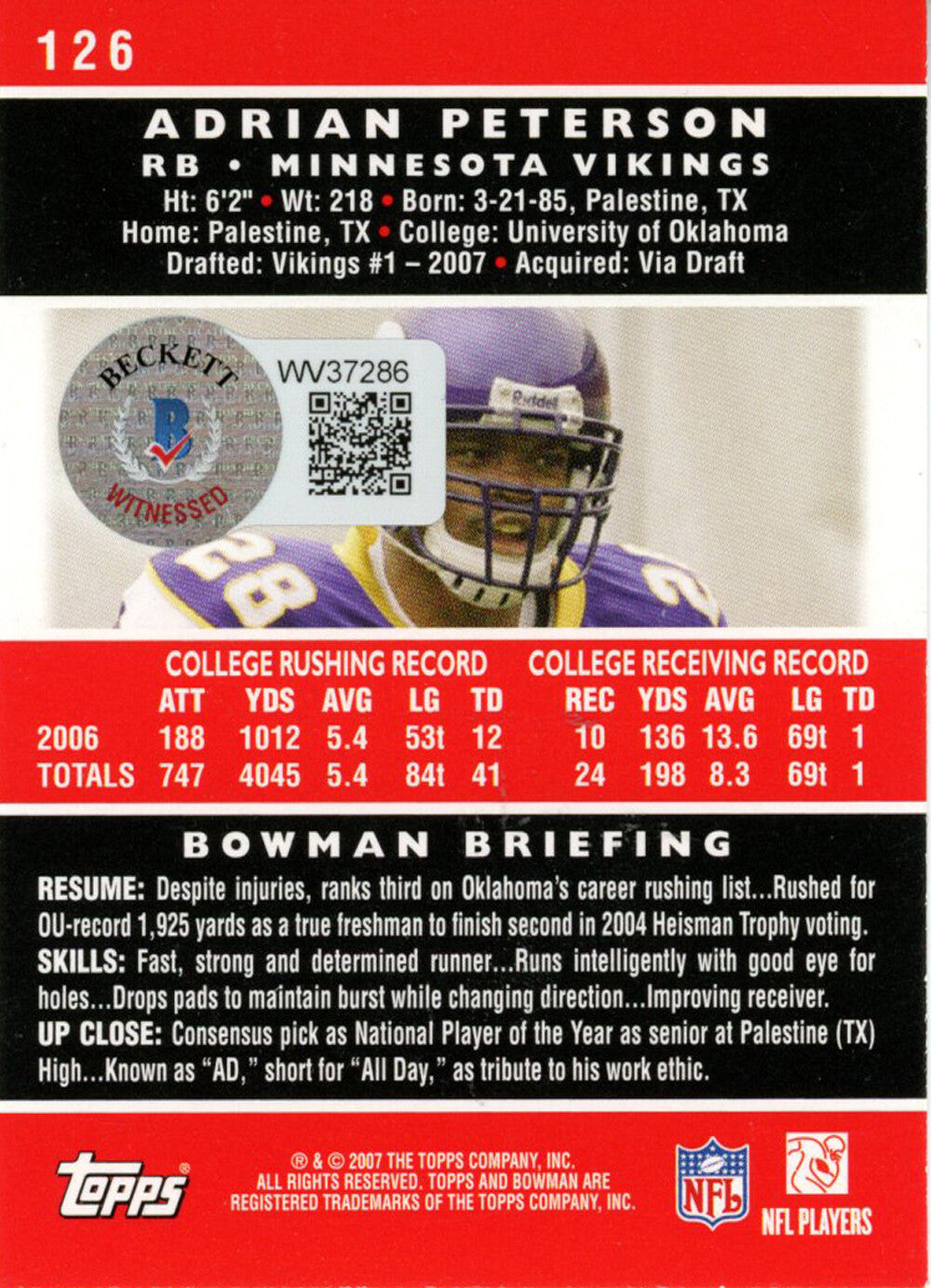 Adrian Peterson Autographed 2007 Bowman #126 Trading Card Beckett 38572