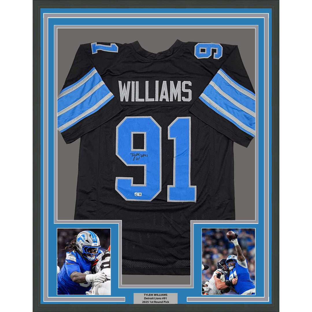 Framed Autographed/Signed Tyleik Williams 35x39 Detroit Black Jersey Beckett COA