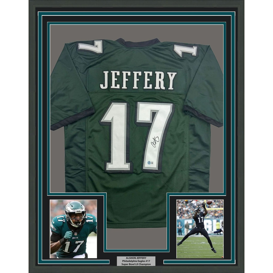 Framed Autographed Alshon Jeffery 35x39 Philadelphia Green Jersey BAS COA