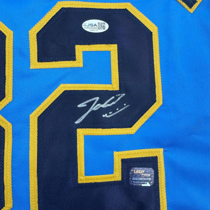 Framed Autographed/Signed Jacob Misiorowski 35x39 Milwaukee Blue Jersey JSA COA