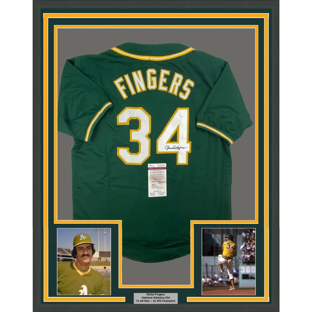Framed Autographed/Signed Rollie Fingers 35x39 Oakland Green Jersey JSA COA