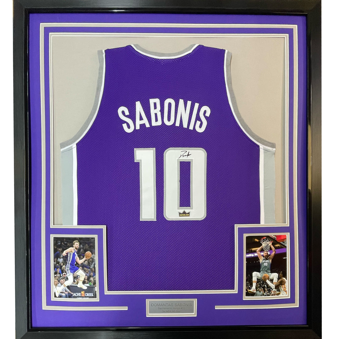 Framed Facsimile Autographed Domantas Sabonis 33x42 Purple Reprint Laser Jersey