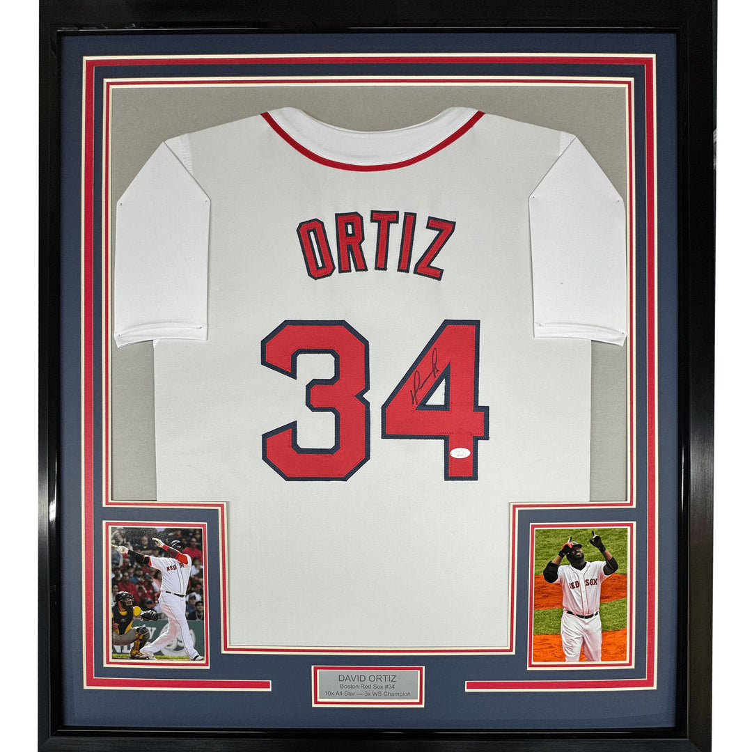 Framed Autographed/Signed David Ortiz 35x39 Boston White Jersey JSA COA