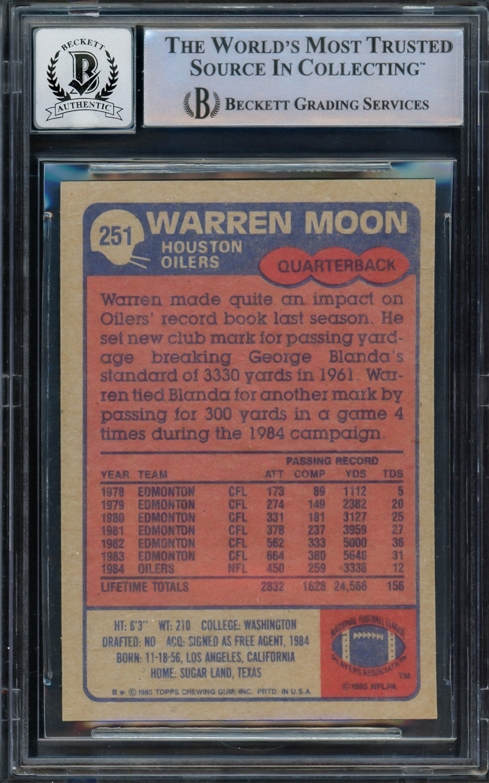 Warren Moon Signed 1985 Topps RC 251 Houston Oilers Auto GM 10 "HOF 06" Beckett