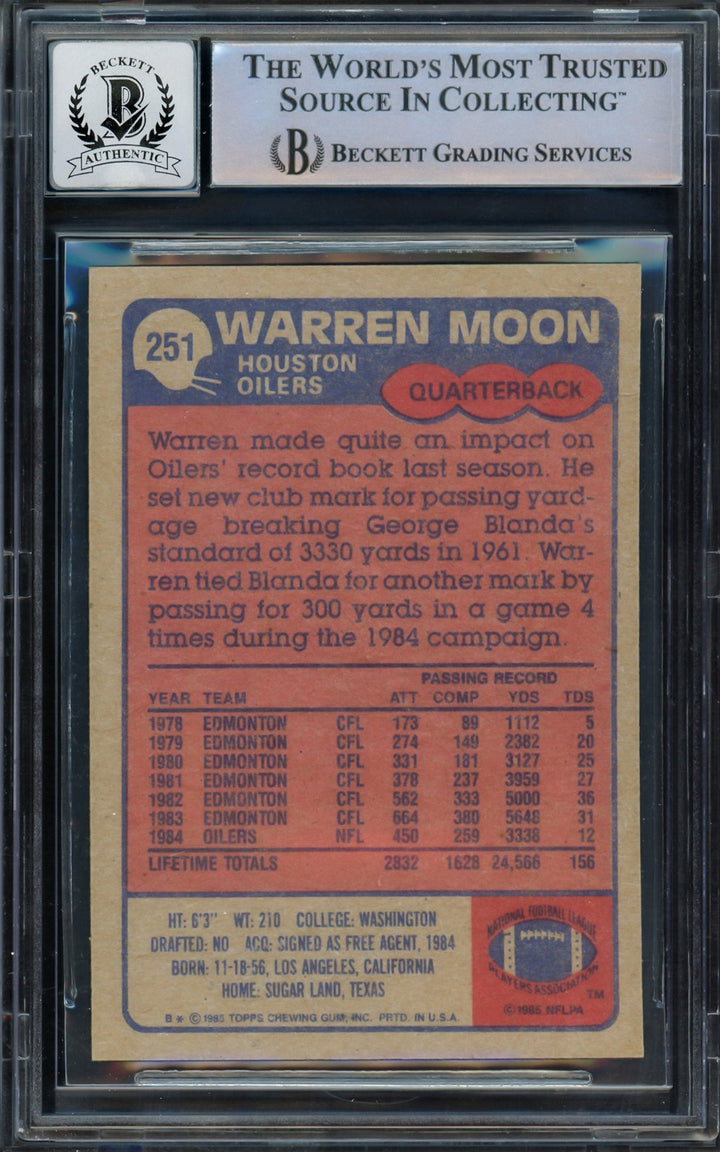 Warren Moon Signed 1985 Topps RC 251 Houston Oilers Auto GM 10 "HOF 06" Beckett