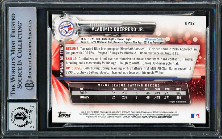Vladimir Guerrero Jr Auto 2017 Bowman Prospects RC BP32 Blue Jays Sig 10 Beckett