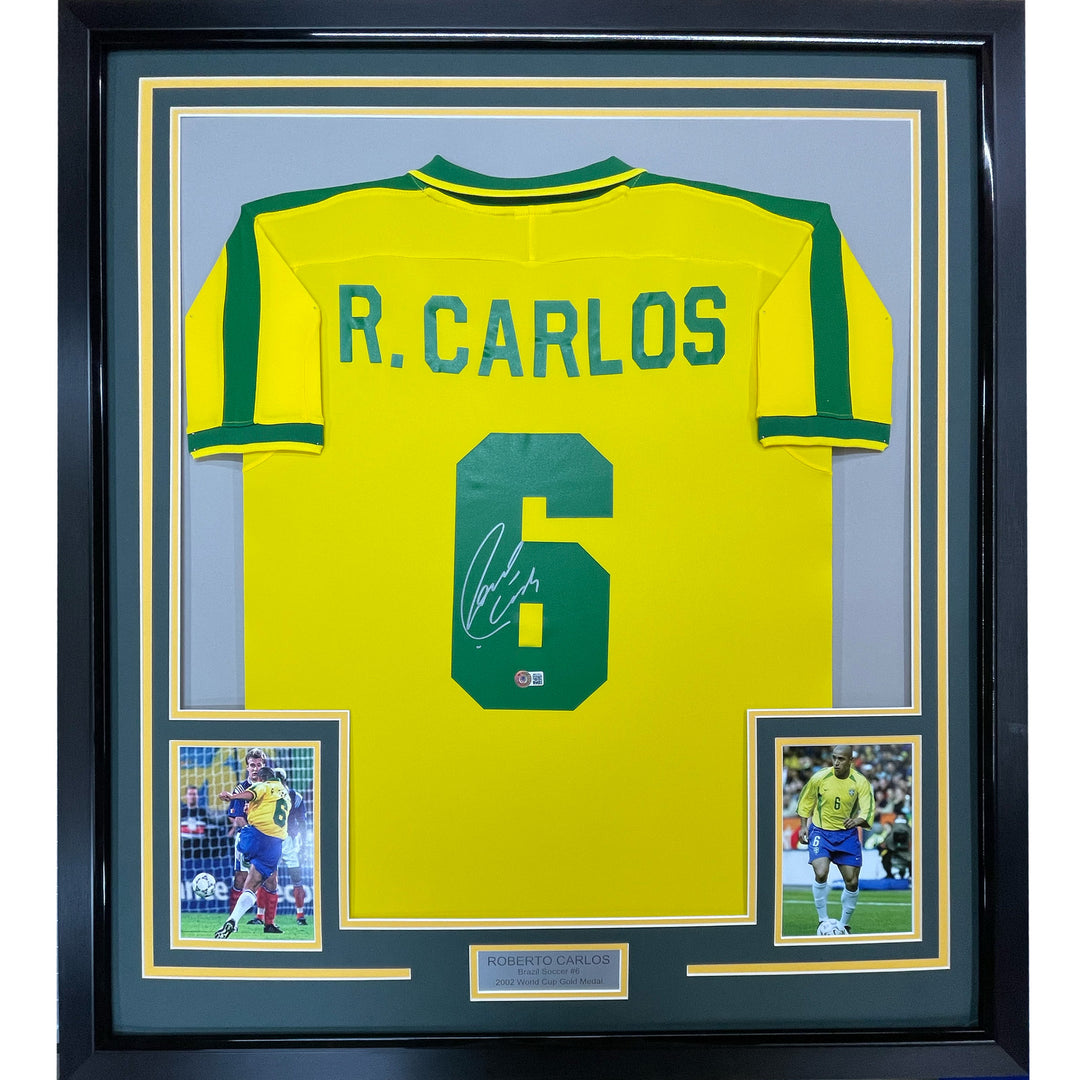 Framed Autographed/Signed Roberto Carlos 33x42 Yellow Retro Jersey BAS COA