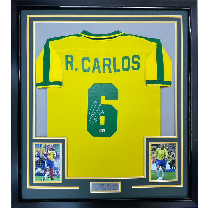 Framed Autographed/Signed Roberto Carlos 33x42 Yellow Retro Jersey BAS COA