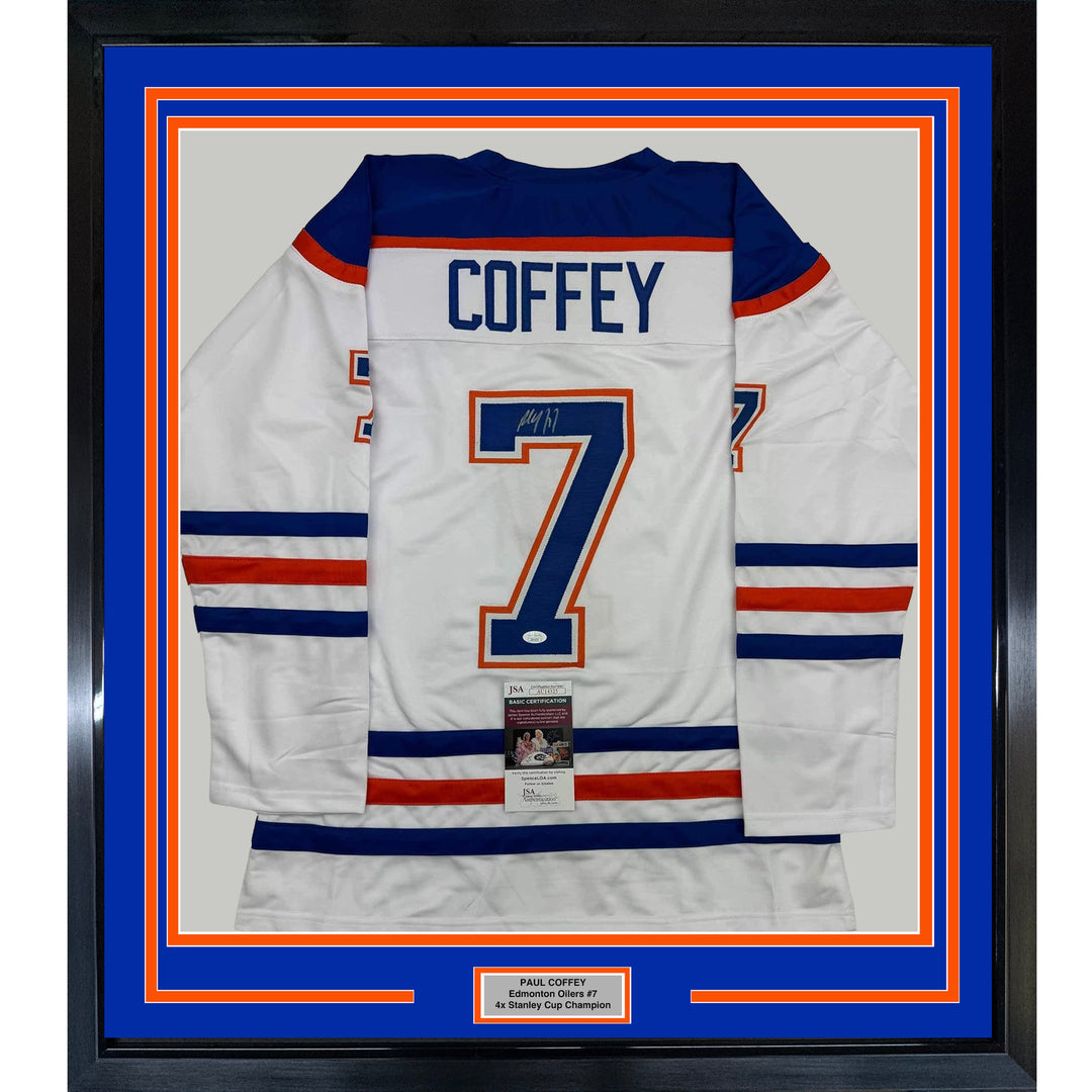 Framed Autographed/Signed Paul Coffey 35x39 Edmonton White Hockey Jersey JSA COA