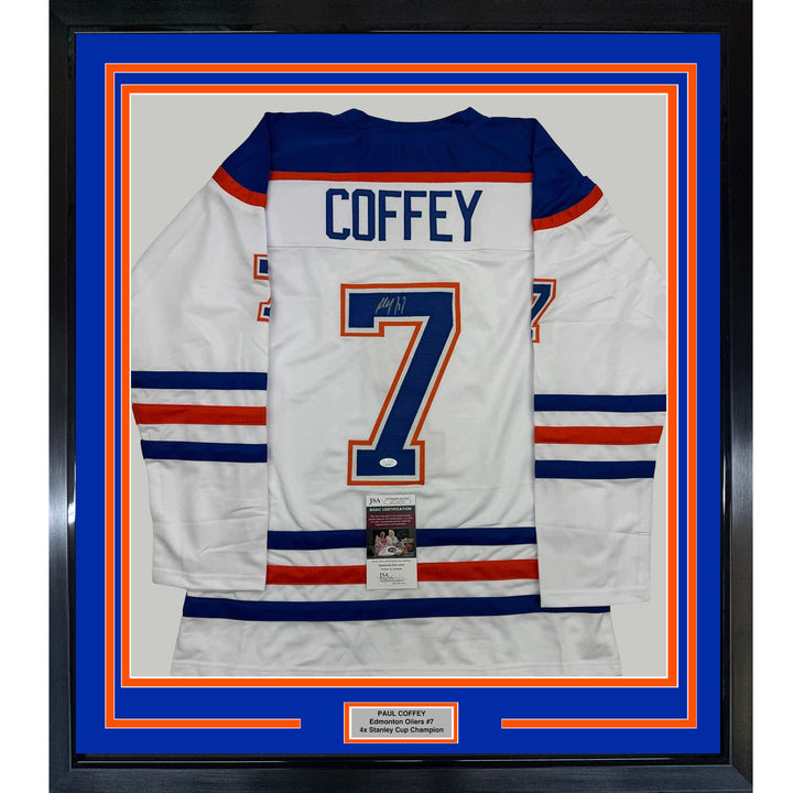 Framed Autographed/Signed Paul Coffey 35x39 Edmonton White Hockey Jersey JSA COA