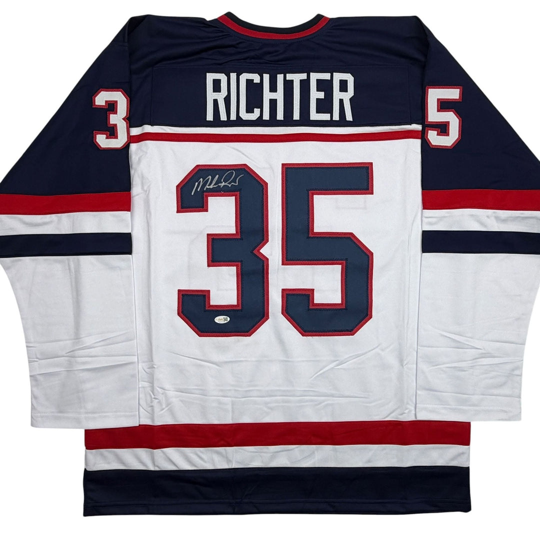 Autographed/Signed Mike Richter USA United States White Hockey Jersey JSA COA