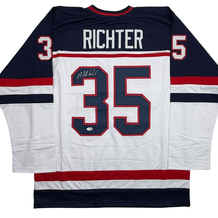 Autographed/Signed Mike Richter USA United States White Hockey Jersey JSA COA