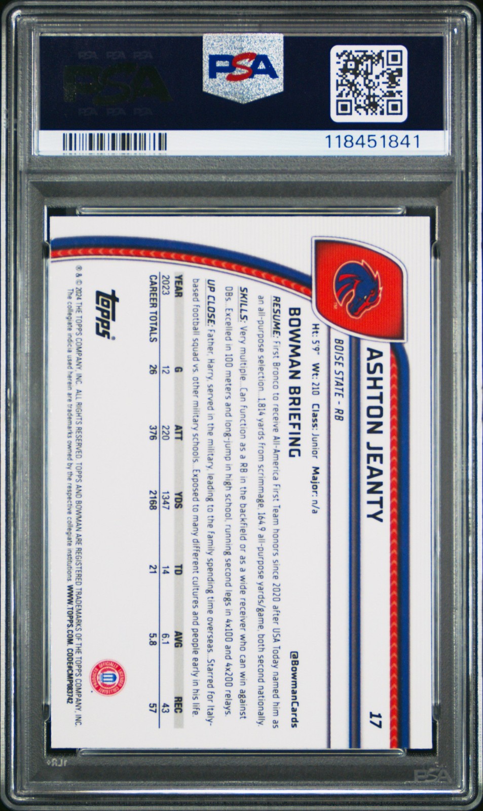 Graded 2024 Topps Bowman U Sapphire Ashton Jeanty #17 RC Card PSA 10
