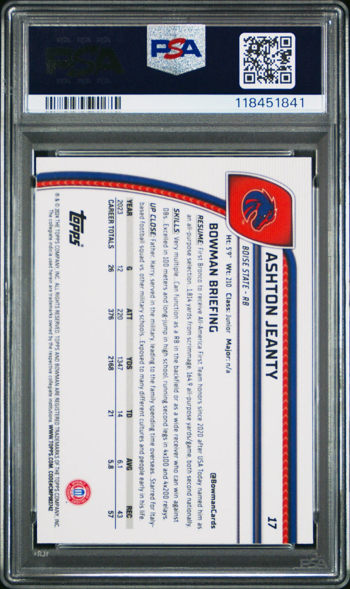 Graded 2024 Topps Bowman U Sapphire Ashton Jeanty #17 RC Card PSA 10